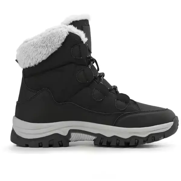 Custom Factory Style Winter Mid Top PU Women Snow Boots feature a thick sole, plush lining, and durable design with lace-up front—perfect for OEM or ODM customization; shown in side profile against a white background.