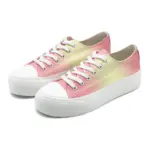 A pair of ODM wholesale mixed colored low top vulcanized canvas shoes with thick bottoms, white soles and laces, plus size flats featuring a gradient pink and yellow design.