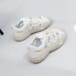 Factory Wholesale Hot Selling Thick Soled Sports Sneakers for women, featuring breathable mesh and PU details, are displayed on a light gray surface—ideal for OEM or ODM customization.