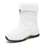 A white waterproof snow boot with plush lining, front zipper, and thick black tread—available in large sizes for OEM/ODM customization to fit your brand, style, and outdoor winter needs.