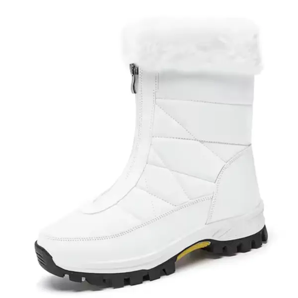 A white waterproof snow boot with plush lining, front zipper, and thick black tread—available in large sizes for OEM/ODM customization to fit your brand, style, and outdoor winter needs.