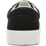 Rear view of a black Classic Denim Upper lace-up men's canvas shoe with a white sole, highlighting the heel detail and padded collar.