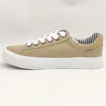 New Arrivals wholesale band vulcanized fashion leather casual canvas shoes for men in beige with white laces, white sole, striped inner lining—displayed on a plain white background. Available for OEM/ODM customization.