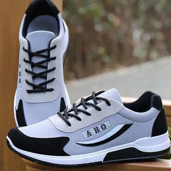 High Quality gym casual cushioning sneakers for men in gray and black with black laces and "FASHION" printed on the side—available for OEM/ODM customization. Suitable for walking, hiking, and everyday wear.