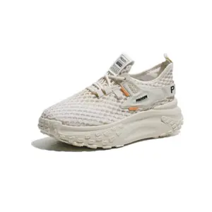 The 2025 Summer New Style mesh round toe women's sneakers feature a textured upper, thick patterned sole, heel pull tab, and lace-up design—perfect for OEM ODM customization.