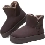 A pair of women's dark brown ankle boots with side zippers, thick soles, and soft fleece-like lining. New design for winter 2025, offering comfort and warmth. Available for OEM/ODM customization.