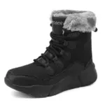 These OEM ODM Winter Waterproof Women's Snow Boots feature a thick rubber sole, black laces, gray faux fur collar, "OUTDOOR" on the tongue, and are made of solid PU cotton. Customization options available from the source factory.