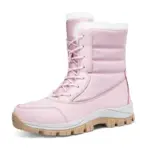 A women's pink winter snow boot with white faux fur lining, lace-up front, and thick tan sole; waterproof and warm for outdoor use. Available for OEM/ODM customization as Factory Wholesale Custom Winter Cotton Shoes.