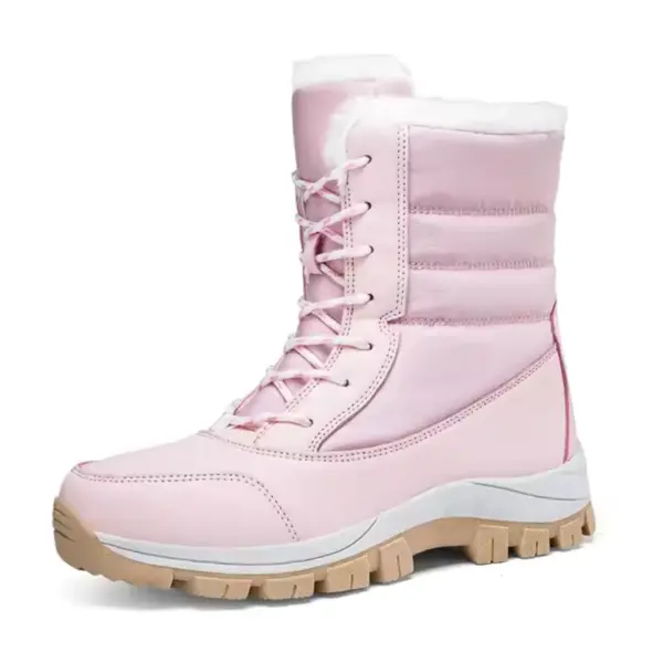A women's pink winter snow boot with white faux fur lining, lace-up front, and thick tan sole; waterproof and warm for outdoor use. Available for OEM/ODM customization as Factory Wholesale Custom Winter Cotton Shoes.