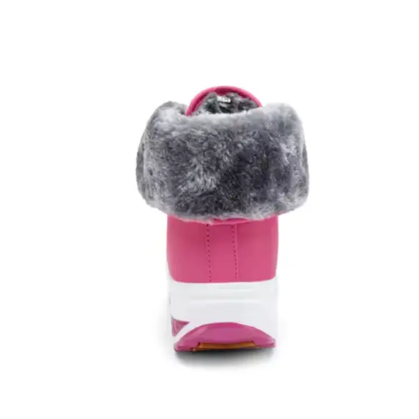 A rear view of the Factory Wholesale Custom OEM ODM Winter Waterproof Women's Snow Boots, featuring a pink design with thick gray faux fur collar and white rubber sole, highlights its versatile OEM ODM options.