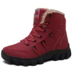 A single red Customized Plush Laced Winter Snow Boot featuring a black sole, fur ankle lining, decorative stitching, and available for OEM/ODM customization. Anti-slippery, warm, waterproof rubber PU cotton shoe.