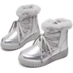 Fashion leather ladies’ winter snow hiking boots with waterproof design, thick rubber soles, faux fur lining, and crisscrossed laces—available for OEM/ODM customization.