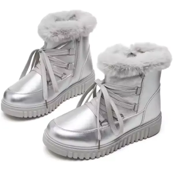 Fashion leather ladies’ winter snow hiking boots with waterproof design, thick rubber soles, faux fur lining, and crisscrossed laces—available for OEM/ODM customization.