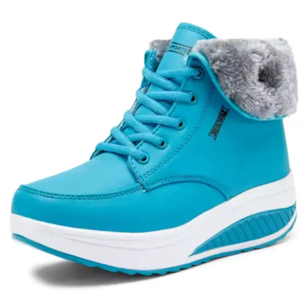 Factory wholesale custom OEM/ODM winter waterproof women's snow boots, outdoor warm cotton shoes with bright blue high-top design, white platform sole, blue laces, and gray faux fur ankle lining.