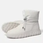 Plush thick genuine leather waterproof bread cotton fur winter snow boots for women, featuring textured soles and adjustable ankle drawstring, available for wholesale OEM ODM customization. Displayed on a white background.