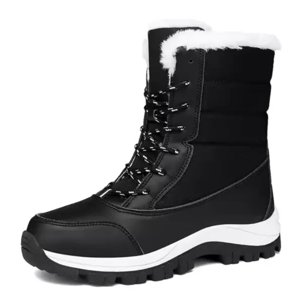 These Factory Wholesale Custom OEM ODM Winter Waterproof Women's Snow Boots feature black color, white faux fur trim, black and white laces, and a thick rubber sole—ideal for staying warm outdoors in cold weather.