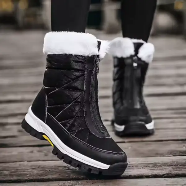 Close-up of a person wearing 2025 Spring Wenzhou Factory Zipper Women Casual Waterproof Fur Winter Outdoor Medium Snow Boots, featuring white fur lining and thick soles—ideal for OEM ODM customization.