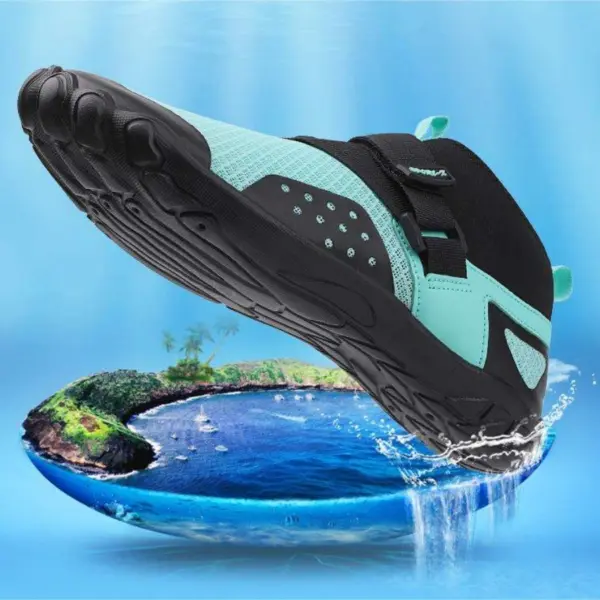 A pair of OEM ODM Outdoor Wholesale Beach Flats Fishing Fitness Waterproof Sport EVA Breathable Water Shoes in teal and black hovers above a small tropical island surrounded by blue water, splashes near the sole.