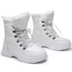 New Arrivals women's snow boots with PU upper, fur lining, waterproof zipper, anti-slip sole, adjustable lock lace-up design—warm winter boots available for OEM and ODM customization.