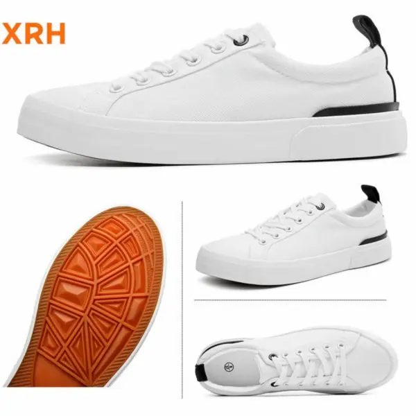 Low Freight White Tennis Canvas Sneakers—ladies' black walking shoes and loafers with white laces, black heel tab, and orange patterned sole; shown from multiple angles. OEM and ODM customization available.