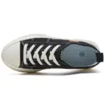 Fashion chunky platform canvas sneaker in white, seen from above with white laces, rubber toe cap, and blue insole featuring a circular logo—perfect for OEM/ODM custom logo orders for women and men.