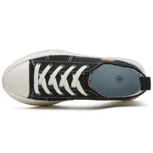 Fashion chunky platform canvas sneaker in white, seen from above with white laces, rubber toe cap, and blue insole featuring a circular logo—perfect for OEM/ODM custom logo orders for women and men.