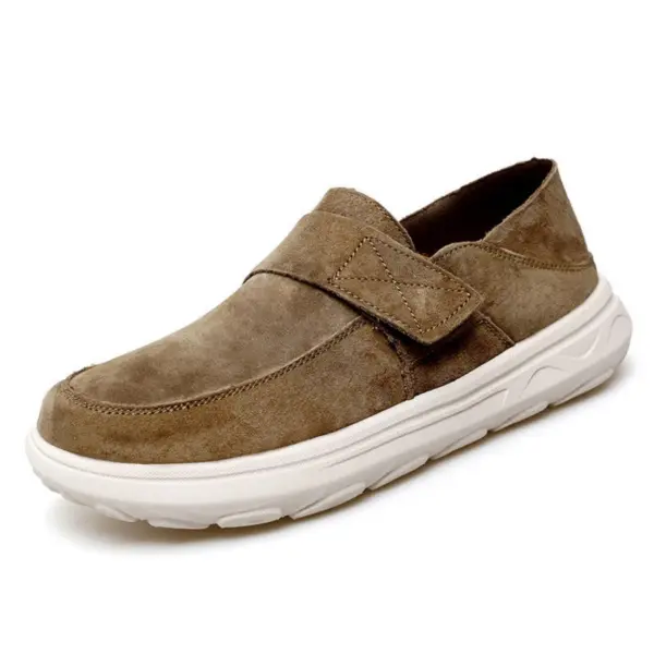 The New Retro Men Shoes are light, shock-absorbing flat leather loafers with a thick white sole and hook-and-loop strap, offered for OEM or ODM customization.