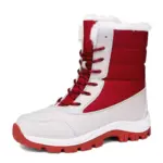 Factory wholesale winter waterproof women's snow boots with red and white design, red laces, thick rubber sole, and white faux fur lining—available for OEM/ODM customization.