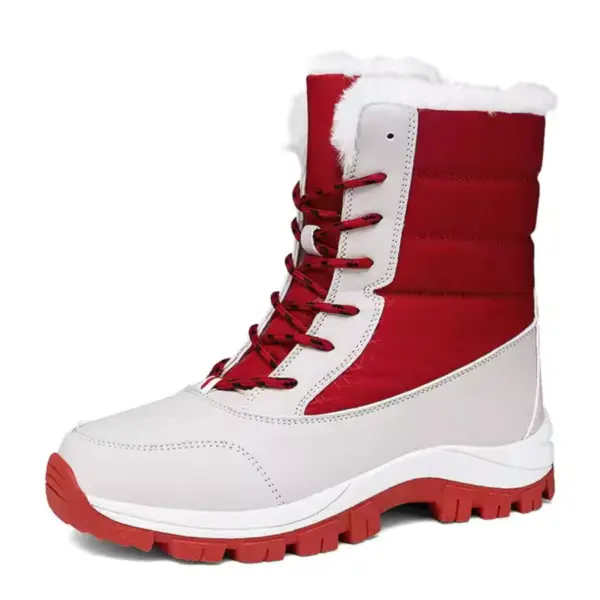 Factory wholesale winter waterproof women's snow boots with red and white design, red laces, thick rubber sole, and white faux fur lining—available for OEM/ODM customization.