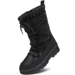 A single black High Quality Winter Platform Mid Calf Boot for women with chunky heel, round toe, quilted upper, front laces, and pull tab is angled on a white background—perfect for OEM ODM customization.