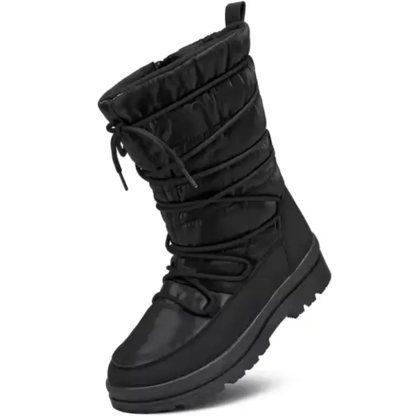 A single black High Quality Winter Platform Mid Calf Boot for women with chunky heel, round toe, quilted upper, front laces, and pull tab is angled on a white background—perfect for OEM ODM customization.