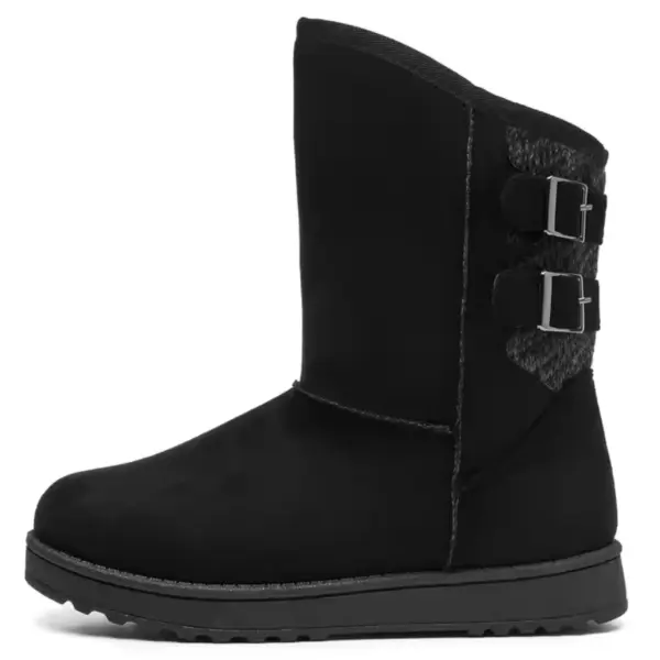 Black mid-calf winter snow boot for women featuring a flat sole, two decorative buckle straps, visible stitching, and faux fur trim near the buckles. Available for OEM/ODM customization. New designer style for wholesale orders.
