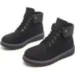 A pair of Fashion Leather Low Heel Plus Size Winter Snow Hiking Boots for men and women with lace-up closure, thick rugged soles, and metal eyelets, shown on a white background.
