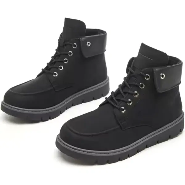 A pair of Fashion Leather Low Heel Plus Size Winter Snow Hiking Boots for men and women with lace-up closure, thick rugged soles, and metal eyelets, shown on a white background.