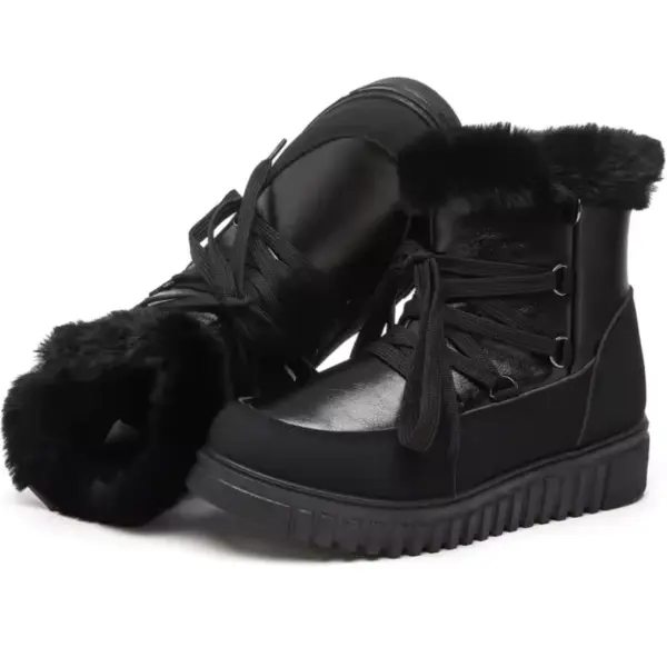Fashion leather ladies' winter snow hiking boots with thick soles, faux fur lining, and lace-up fronts—waterproof and outdoor-ready. Shown against a white background; OEM or ODM customization available.