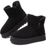 New Design Ladies Warm Winter Snow Weather Ankle Boots for Women—black with thick soles, side zippers, fur-lined interior; OEM/ODM customization available. Custom Fashion Platform Boots 2025.