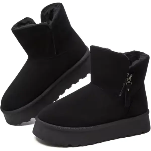 New Design Ladies Warm Winter Snow Weather Ankle Boots for Women—black with thick soles, side zippers, fur-lined interior; OEM/ODM customization available. Custom Fashion Platform Boots 2025.