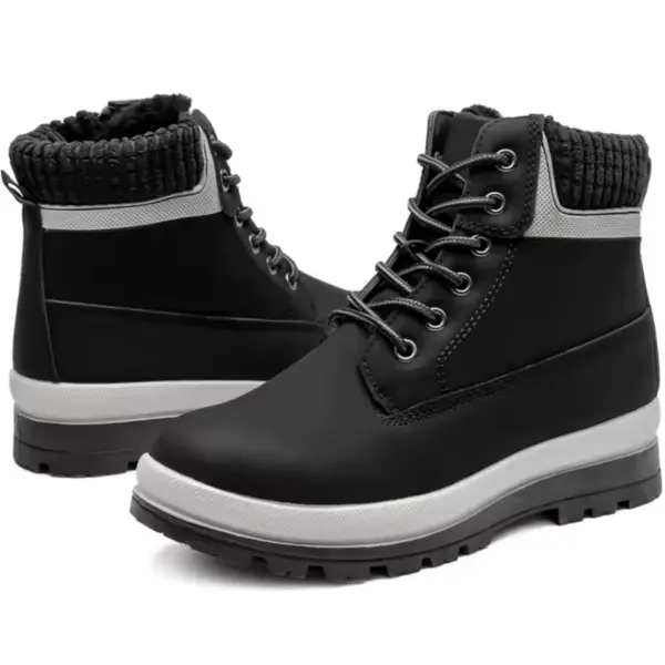 2025 new arrivals: winter snow white lace-up leather boots for women and men with custom height increasing design, displayed on a white background—ideal for OEM or ODM customization.