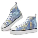 Hot Sale Zapatos women’s blue print canvas lace-up sneakers with white laces and a trendy palm leaf pattern, shown on a white background—available for OEM/ODM customization.