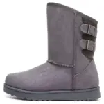 Wholesale custom winter snow boots for women featuring gray suede, flat sole, rounded toe, and two side buckle straps—available for OEM/ODM to meet your brand’s design needs.