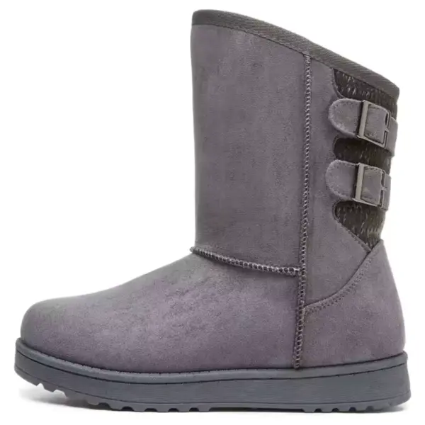 Wholesale custom winter snow boots for women featuring gray suede, flat sole, rounded toe, and two side buckle straps—available for OEM/ODM to meet your brand’s design needs.
