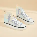 Hot Sale Zapatos Women Casual Custom Canvas Sneaker Shoes feature a blue palm tree print, white laces, and thick soles—perfect for OEM ODM customization and trendy women’s style.