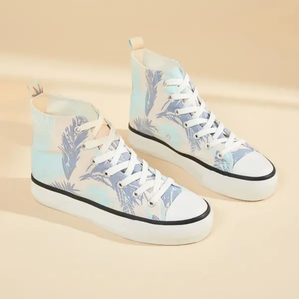 Hot Sale Zapatos Women Casual Custom Canvas Sneaker Shoes feature a blue palm tree print, white laces, and thick soles—perfect for OEM ODM customization and trendy women’s style.