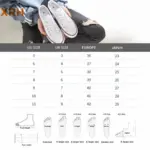 A shoe size conversion chart for Low Freight White Tennis Canvas Sneakers Ladies Black Walking Shoes Womens Loafer Casual Shoes shows US, UK, Europe, and Japan sizes with foot shape tips—ideal for OEM ODM footwear solutions.