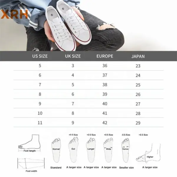A shoe size conversion chart for Low Freight White Tennis Canvas Sneakers Ladies Black Walking Shoes Womens Loafer Casual Shoes shows US, UK, Europe, and Japan sizes with foot shape tips—ideal for OEM ODM footwear solutions.