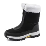 The 2025 Spring Wenzhou Zipper Women’s Waterproof Fur Winter Snow Boot features a thick white sole, front zipper, and white faux fur trim—available for OEM/ODM to match your brand’s needs.