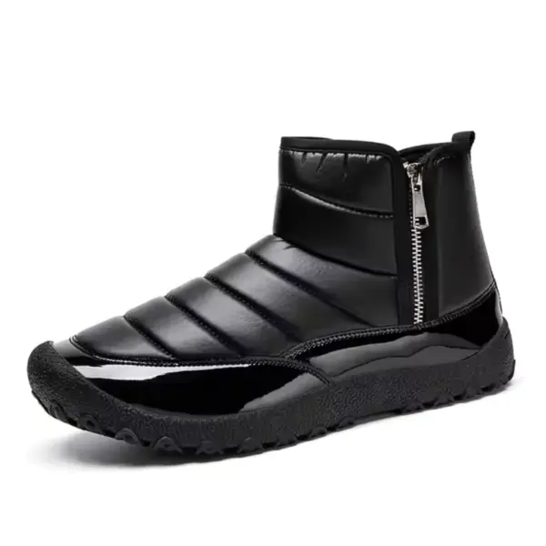 A shiny black ankle-high snow boot with a quilted upper, side zipper, round glossy toe, and textured TPR sole—ideal for OEM/ODM; Wholesale New Fashion Outdoor Cotton Winter Boots for men and women.