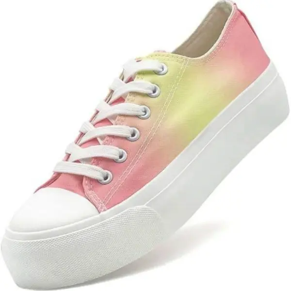 ODM Wholesale Mixed Colored Low Top Vulcanized Canvas Shoes feature a thick, white sole, laces, and a pastel pink, yellow, and green gradient canvas upper. Available for OEM/ODM customization to fit your brand’s unique style. Plus sizes offered.