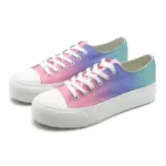 ODM Wholesale Mixed Colored Low Top Vulcanized Canvas Shoes feature thick bottoms, laces, and a pastel pink, purple, and teal gradient—ideal for OEM/ODM customization. Plus sizes available.
