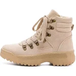 Lightweight tan faux suede ankle boots for women and men, with lace-up design, thick rubber sole, metal eyelets, padded collar, and stitched details; casual style snow boots available for OEM & ODM customization. Photographed on white background.